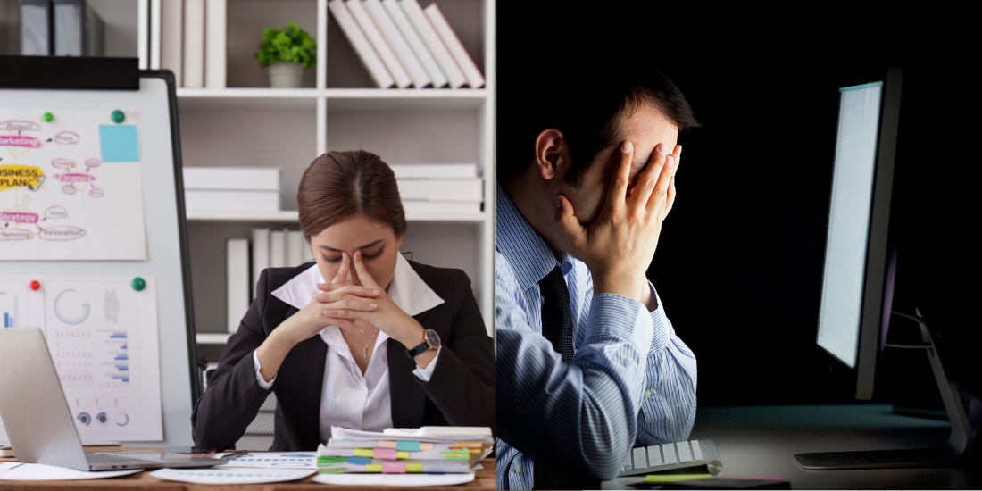 "Stressed professionals facing burnout due to long working hours and high-pressure office routines — daytime and nighttime work stress illustration."