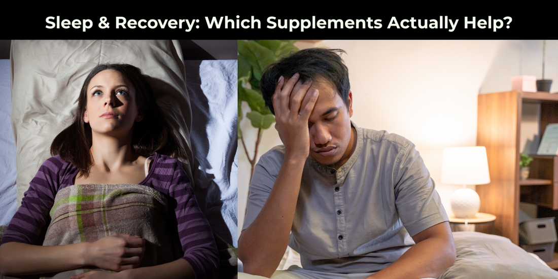 Peaceful bedroom scene at night with supplements like magnesium and L-theanine on a nightstand, promoting restful recovery sleep.