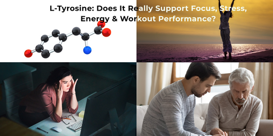Individual working or training with intense focus; L‑Tyrosine capsule bottle in foreground, symbolizing clarity, energy, and stress resilience.