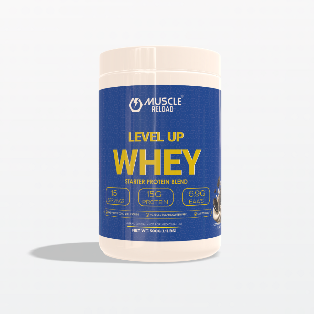 Muscle Reload LEVEL UP WHEY Cookies & Cream protein powder product jar image