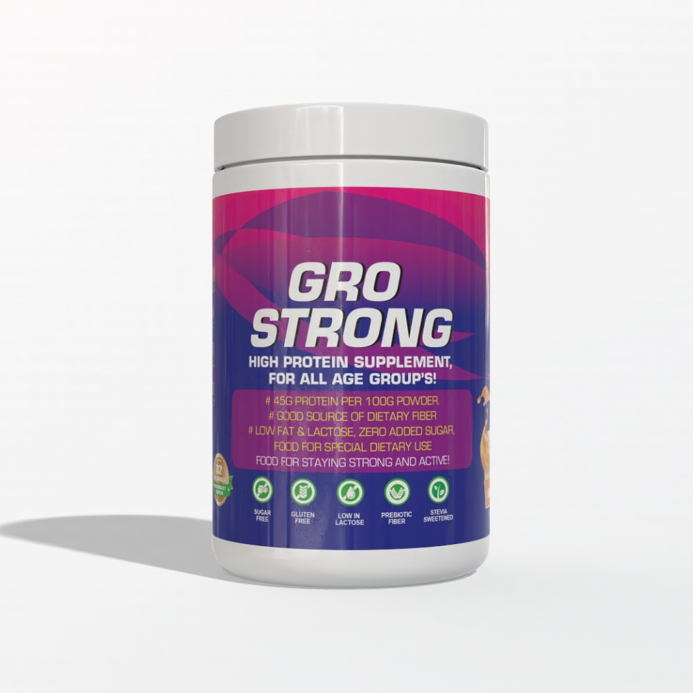 Gro Strong Protein – 45g Protein, Low Lactose, Zero Sugar, Gluten-Free with Fiber & 32 Nutrients – 500g"