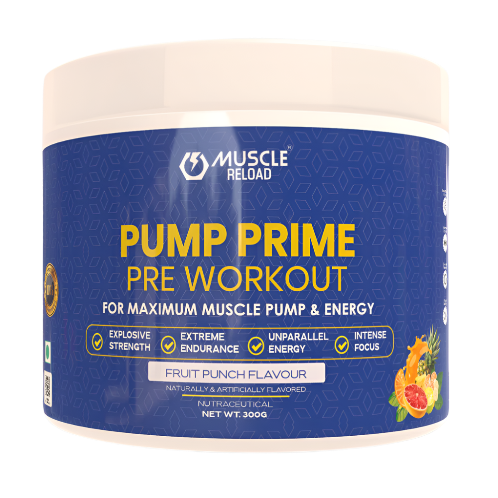 Container of Muscle Reload 'PUMP PRIME' Pre WOrkout Powder in fruit punch flavor, highlighting maximum muscle pump, energy, and focus.