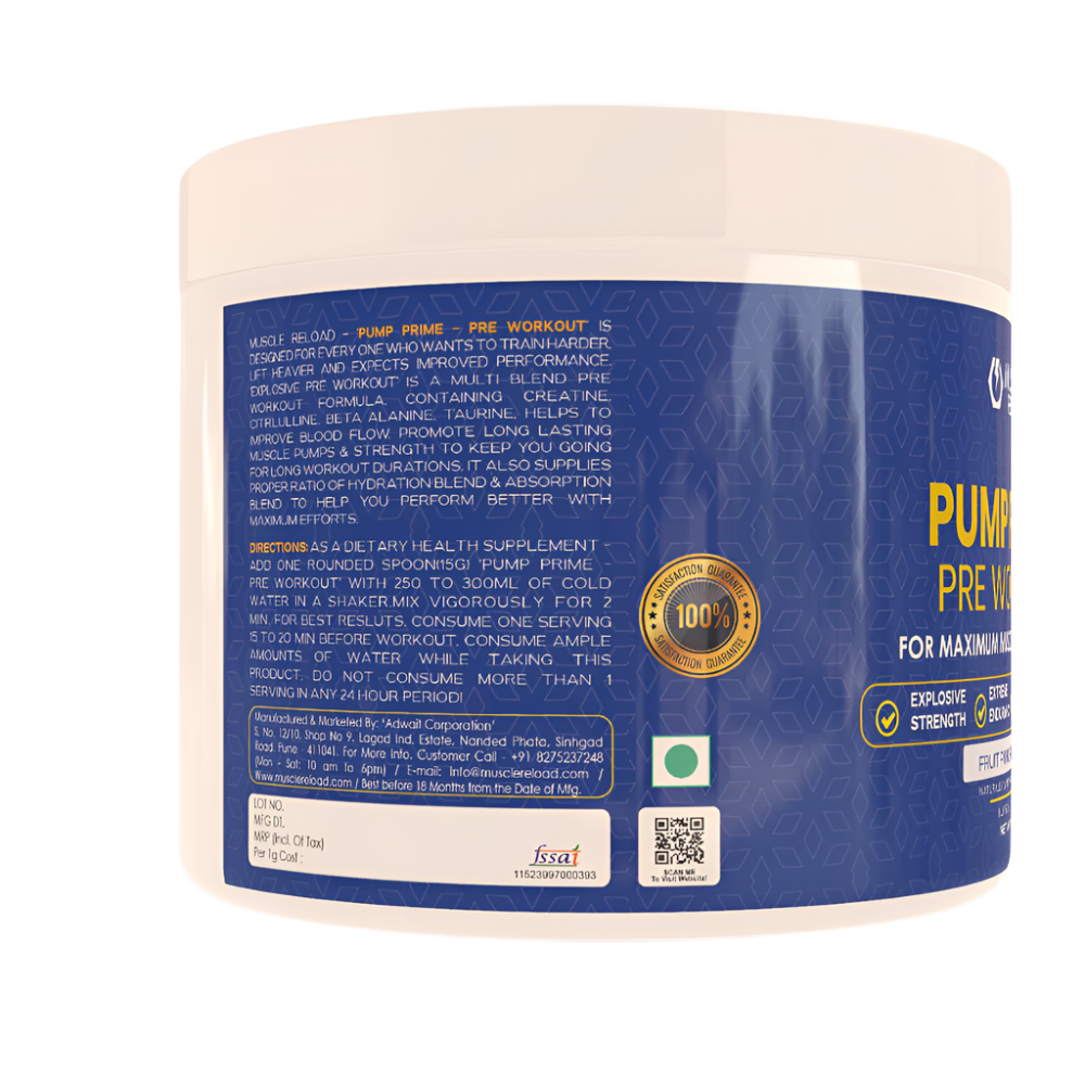 Container of Muscle Reload 'PUMP PRIME' Pre WOrkout Powder description label in blue raspberry flavor, highlighting maximum muscle pump, energy, and focus.