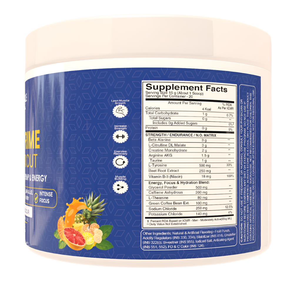 Container of Muscle Reload 'PUMP PRIME' Pre WOrkout Powder Nutrition fact label in blue fruit punch, highlighting maximum muscle pump, energy, and focus.