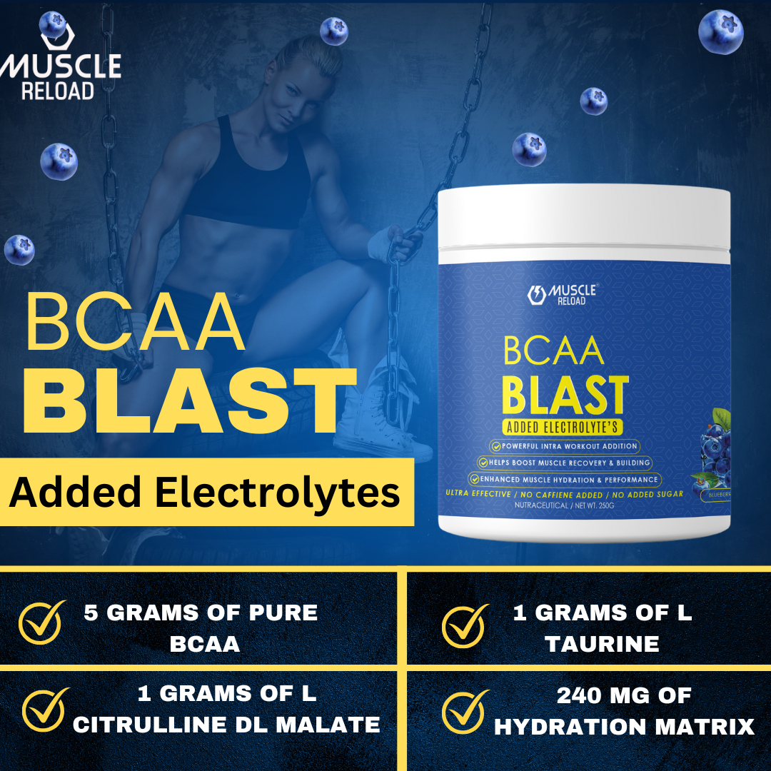 A container of Muscle Reload BCAA Blast powder nutrition fact image, which is a blue and white supplement designed for muscle recovery.