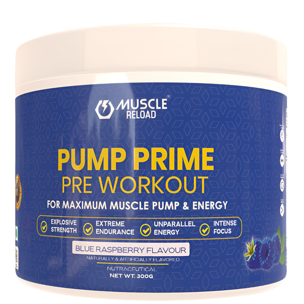 Container of Muscle Reload 'PUMP PRIME' Pre WOrkout Powder in blue raspberry flavor, highlighting maximum muscle pump, energy, and focus.