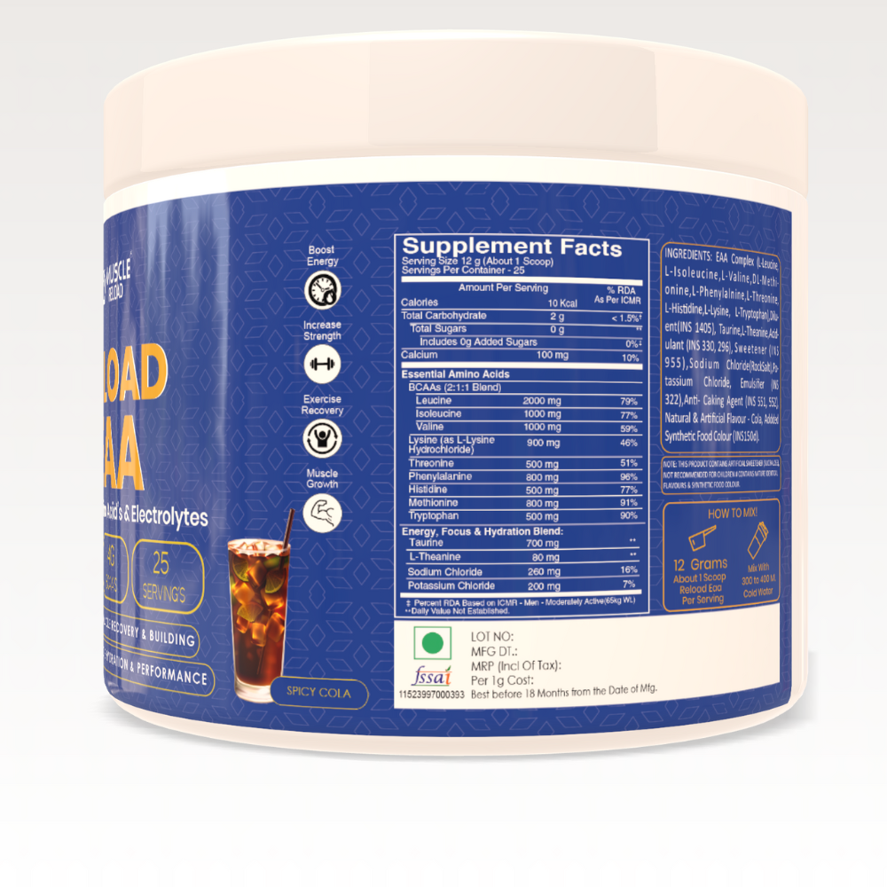 RELOAD EAA Essential Amino Acids for muscle recovery and hydration by Muscle Reload product jar