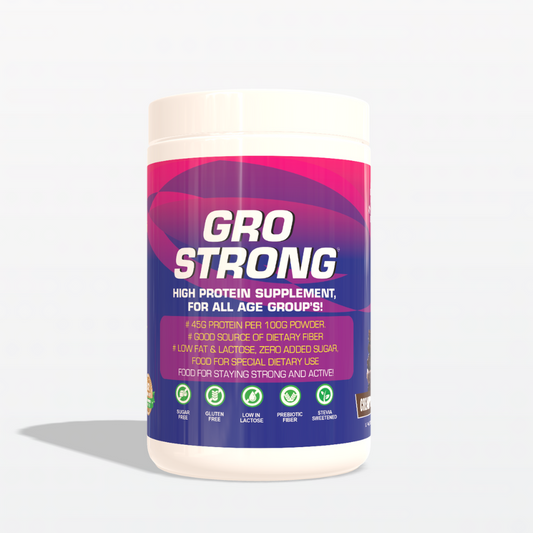 Gro Strong protein supplement container on a white background