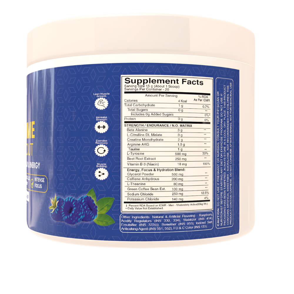 Container of Muscle Reload 'PUMP PRIME' Pre WOrkout Powder Nutrition fact label in blue raspberry flavor, highlighting maximum muscle pump, energy, and focus.