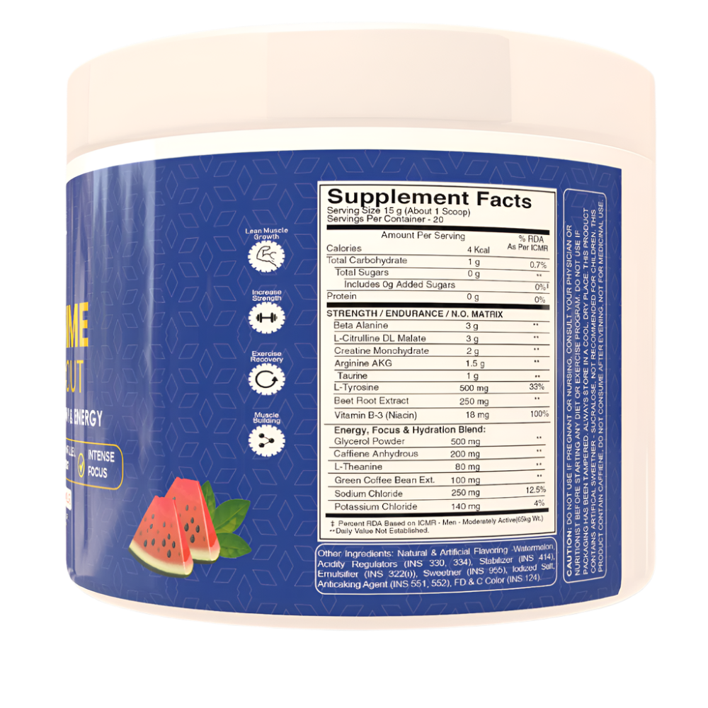 Container of MRN PUMP PRIME PRE WORKOUT supplement with supplement facts and an image of watermelon on the label.