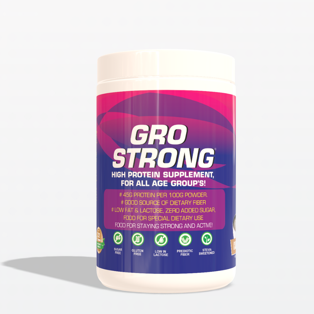 Gro Strong Protein – 45g Protein, Low Lactose, Zero Sugar, Gluten-Free with Fiber & 32 Nutrients – 500g"