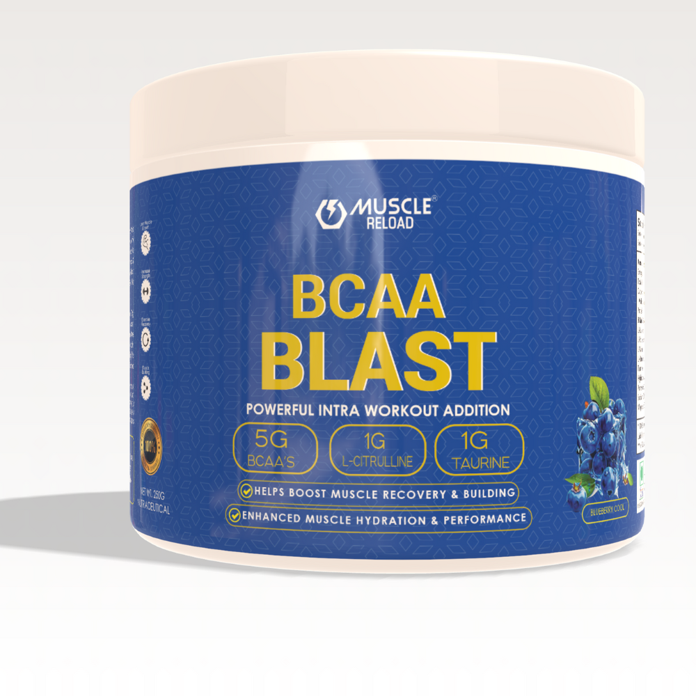 A container of Muscle Reload BCAA Blast powder, which is a blue and white supplement designed for muscle recovery.