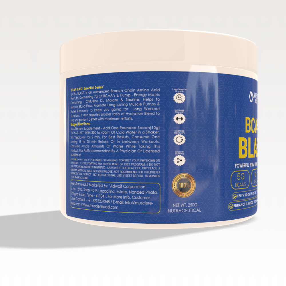 A container of Muscle Reload BCAA Blast powder description image, which is a blue and white supplement designed for muscle recovery.