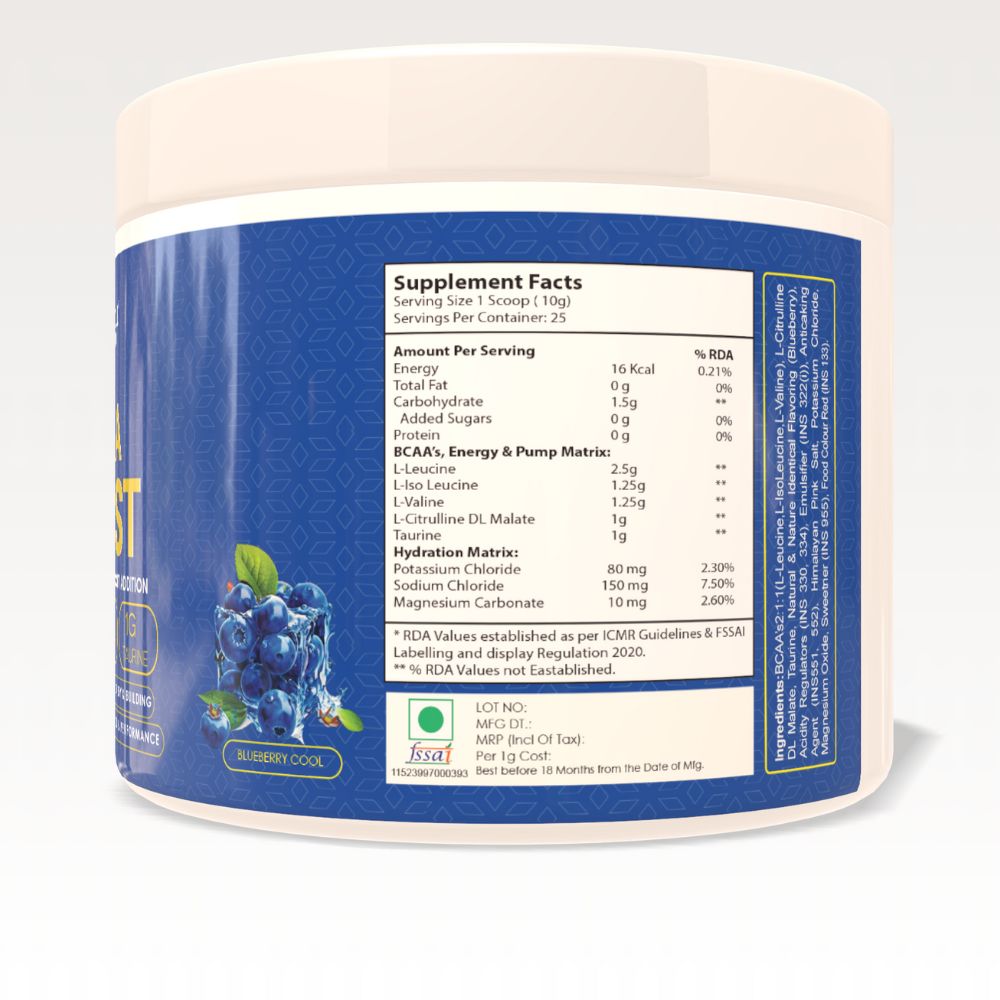 A container of Muscle Reload BCAA Blast powder nutrition fact image, which is a blue and white supplement designed for muscle recovery.