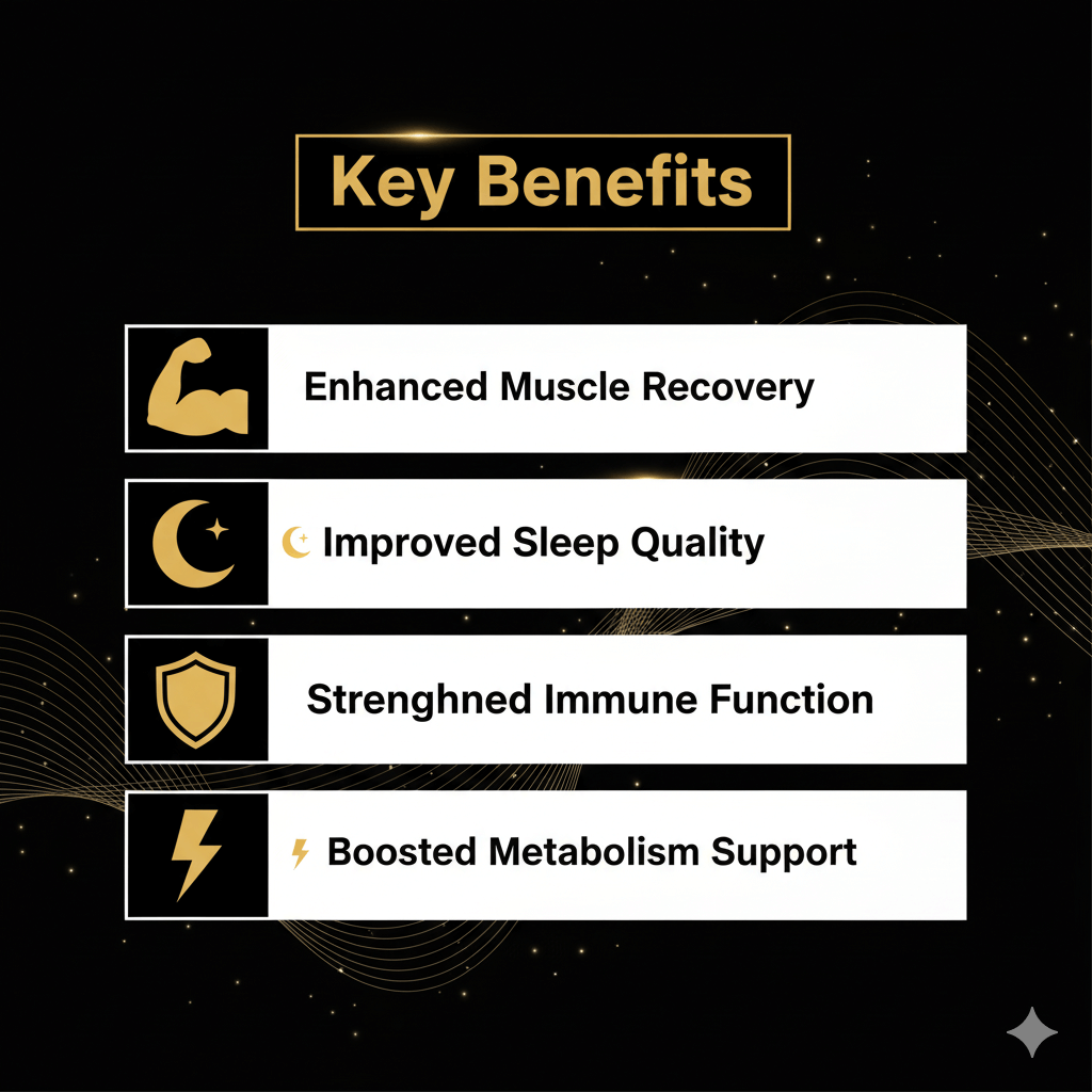 Muscle Reload ZMA Key Benefits: Enhanced muscle recovery, improved sleep quality, strengthened immune function, and boosted metabolism support.