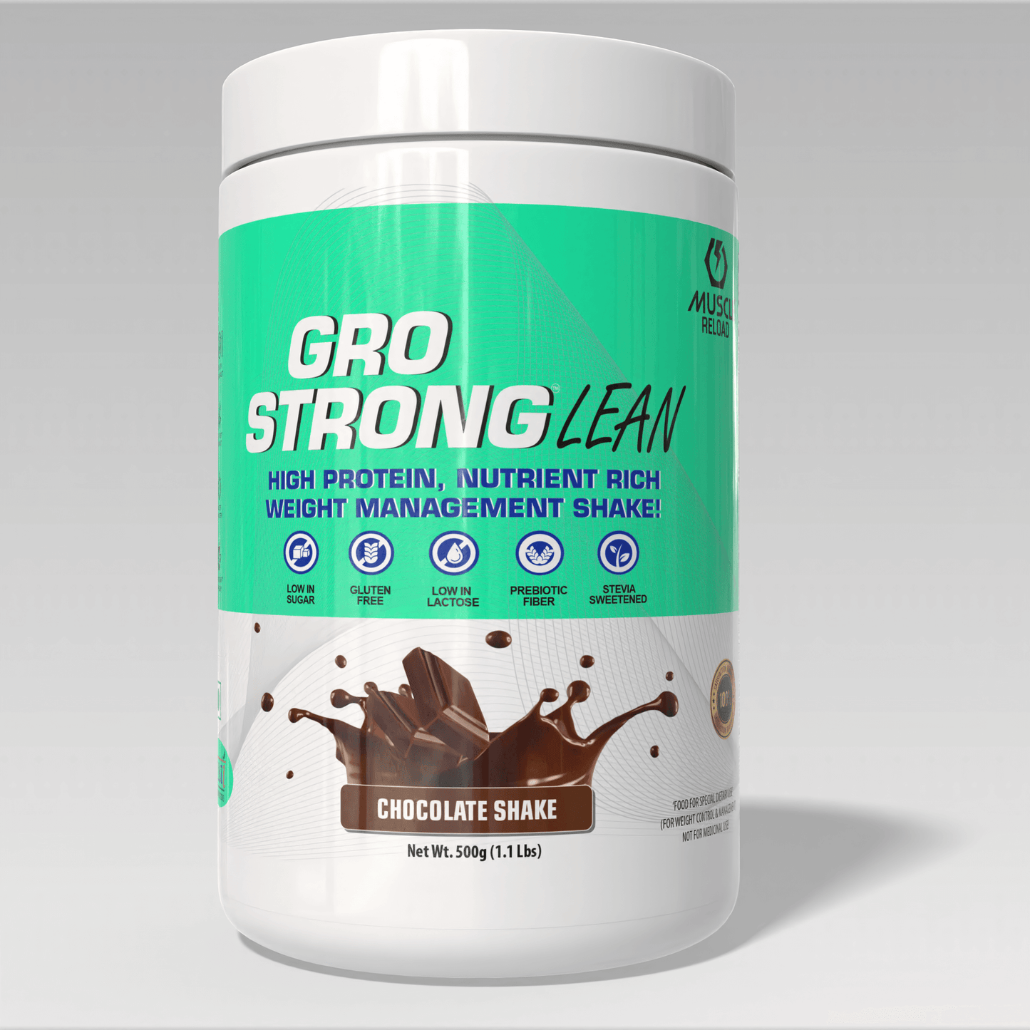 Container of Gro Strong Lean weight management shake with chocolate flavor on a gray background