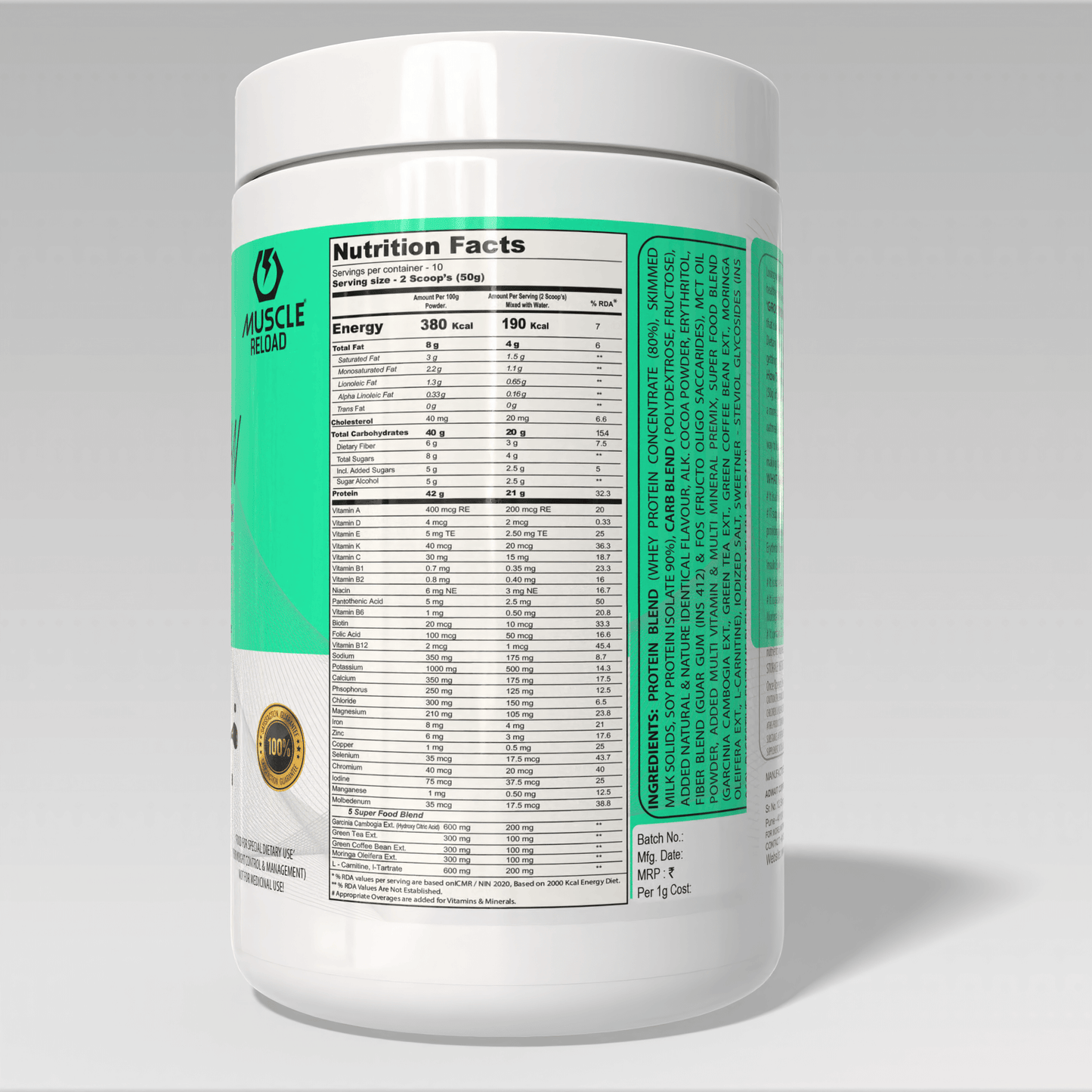 Nutrition facts label of Gro Strong Lean on a supplement container with a white background