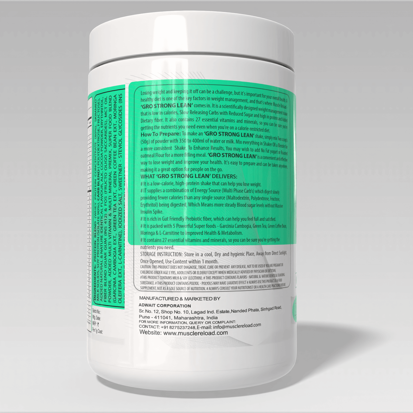Supplement container with green and white label of Gro Strong Lean Meal Replacement on a gray background