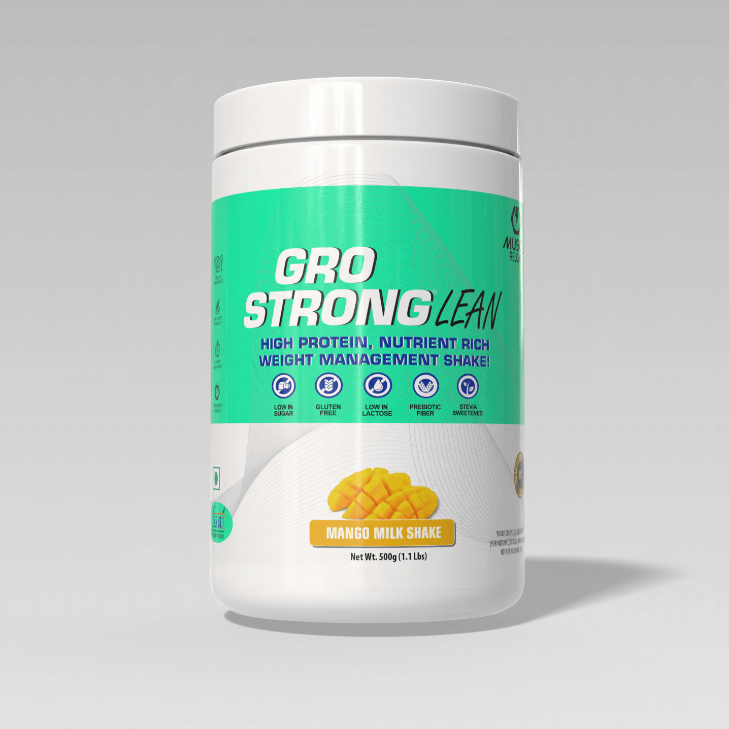 Container of Gro Strong Lean weight management shake with Mango flavor on a gray background