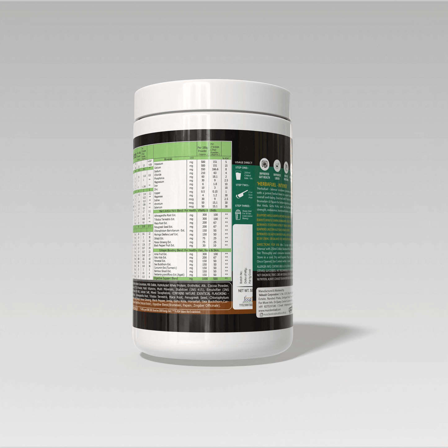 White supplement container with a detailed label of Muscle Reload Herba Fuel Intense, a men's herbal protein powder designed for strength, hormones, and recovery.on a gray background