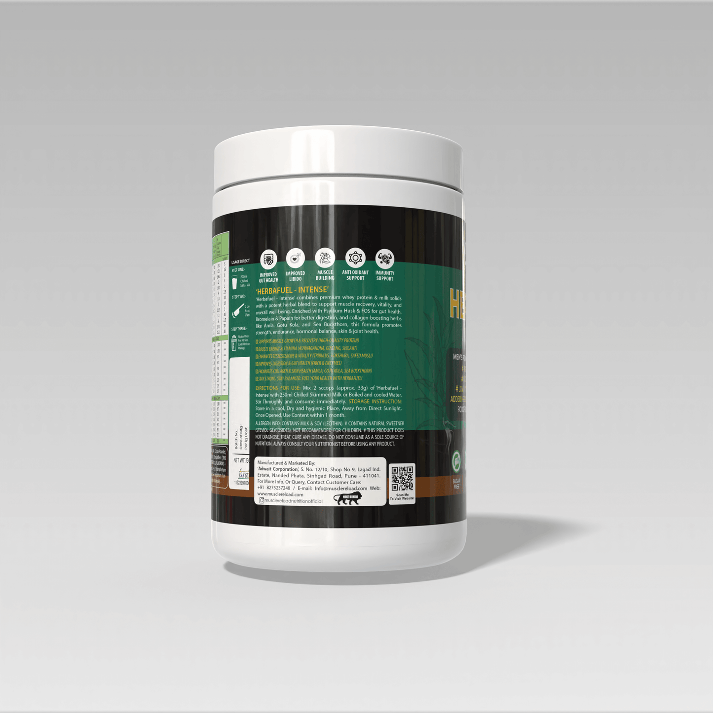 White supplement container with a detailed label of Muscle Reload Herba Fuel Intense, a men's herbal protein powder designed for strength, hormones, and recovery.on a gray background
