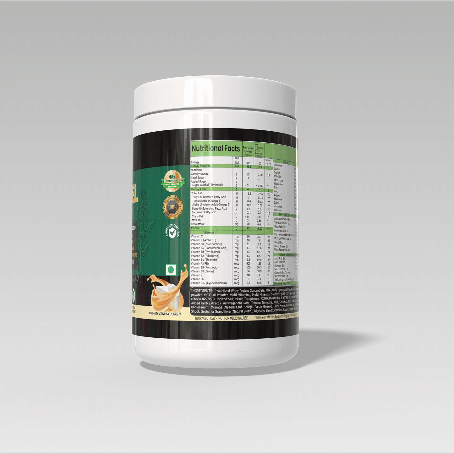 White supplement container with a detailed label of Muscle Reload Herba Fuel Intense, a men's herbal protein powder designed for strength, hormones, and recovery.on a gray background