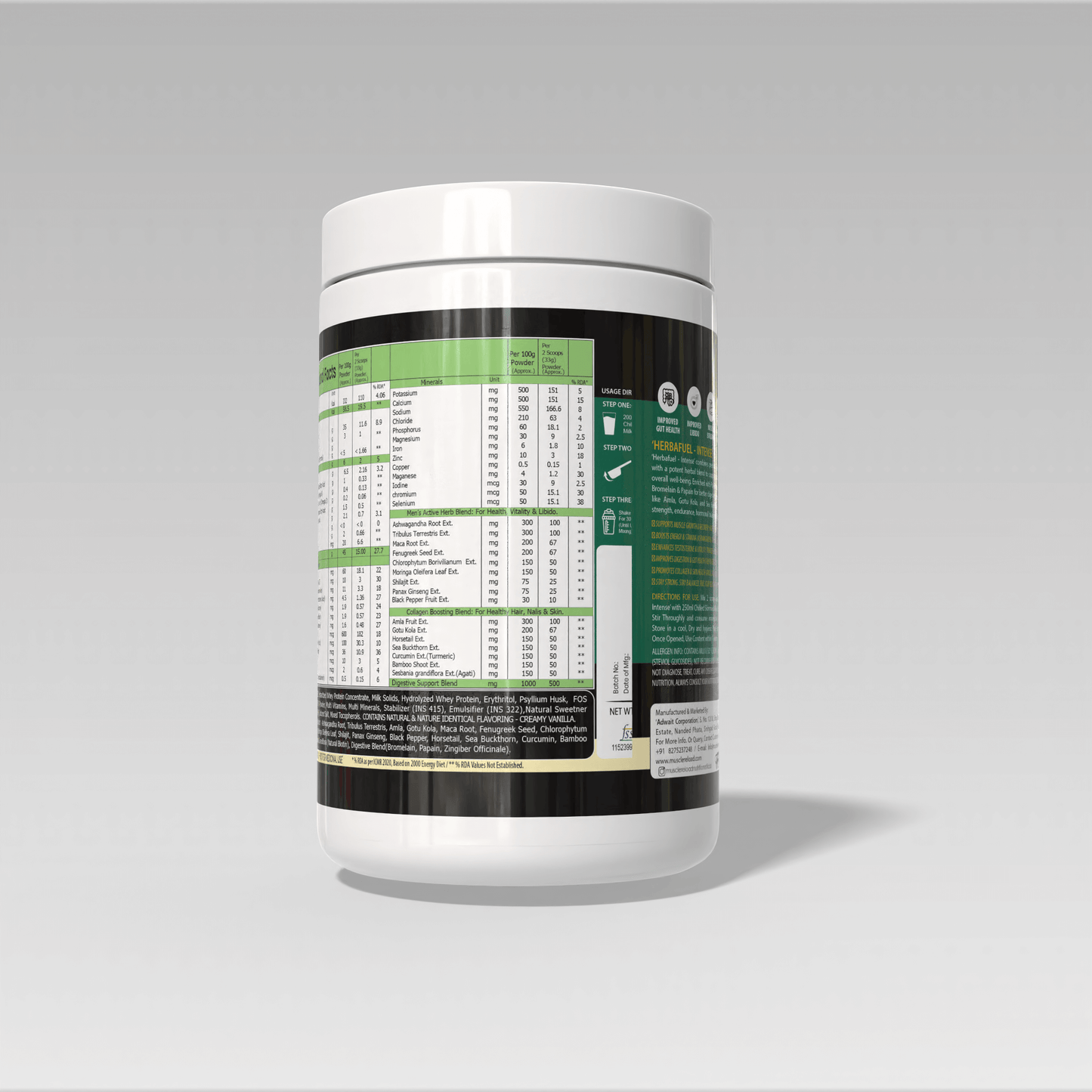 White supplement container with a detailed label of Muscle Reload Herba Fuel Intense, a men's herbal protein powder designed for strength, hormones, and recovery.on a gray background