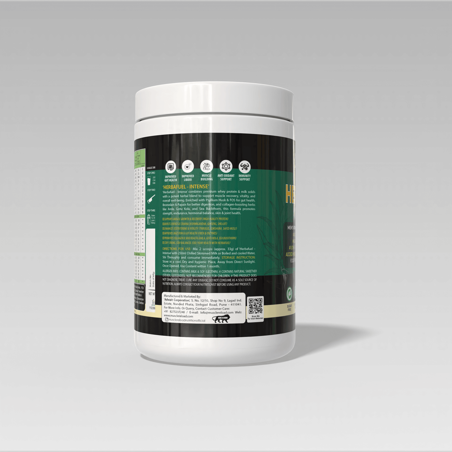 White supplement container with a detailed label of Muscle Reload Herba Fuel Intense, a men's herbal protein powder designed for strength, hormones, and recovery.on a gray background