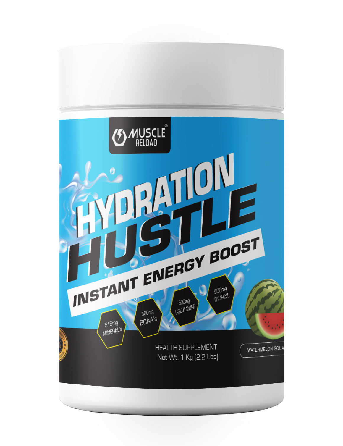 A container of MRN Hydration Hustle Instant Energy Boost, which is a hydration supplement with electrolytes and BCAA, designed for athletes and gym recovery.
