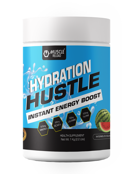 A container of MRN Hydration Hustle Instant Energy Boost, which is a hydration supplement with electrolytes and BCAA, designed for athletes and gym recovery.