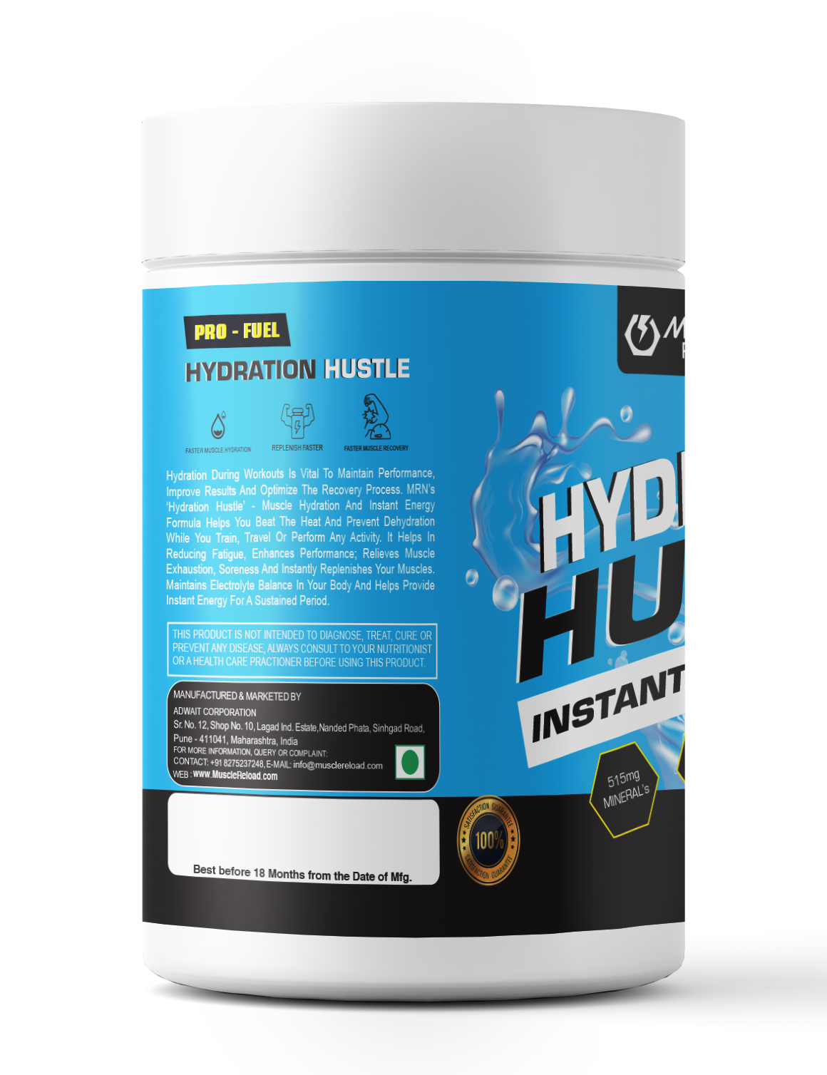 Detailed view of the left side of an MRN Hydration Hustle Instant Energy Boost container, showing product information.