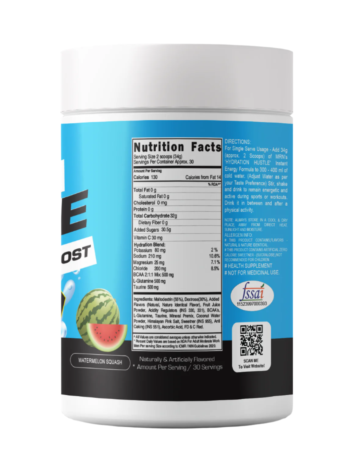 Nutrition fact of the Right side of an MRN Hydration Hustle Instant Energy Boost container, showing product information.