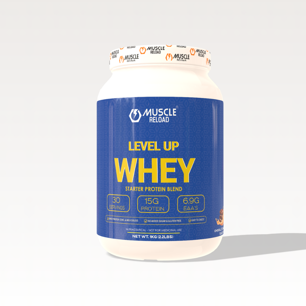 Muscle Reload LEVEL UP WHEY Chocolate Caramel protein powder product jar image
