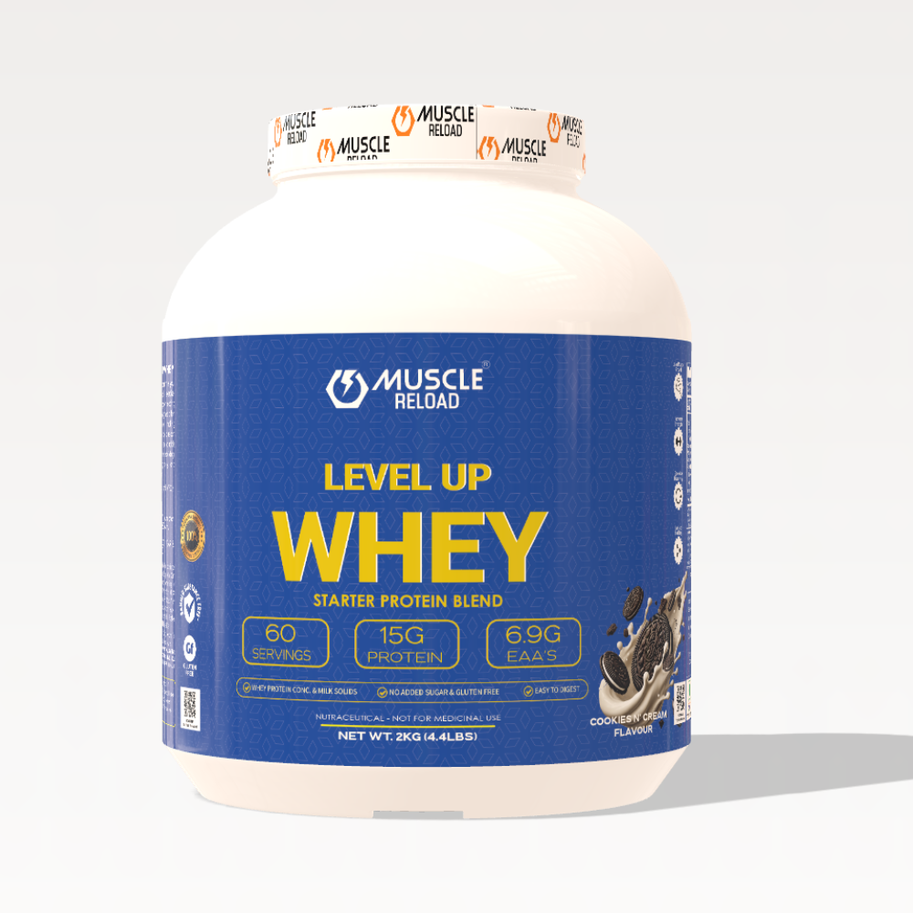 Muscle Reload LEVEL UP WHEY Cookies & Cream protein powder product jar image