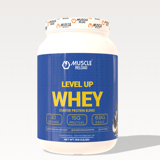 Muscle Reload LEVEL UP WHEY Chocolate Caramel protein powder product jar image