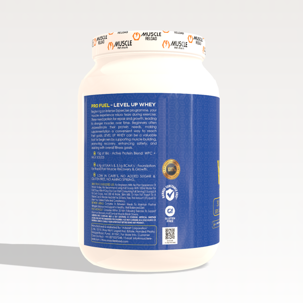 Muscle Reload LEVEL UP WHEY Chocolate Caramel protein powder product jar right image