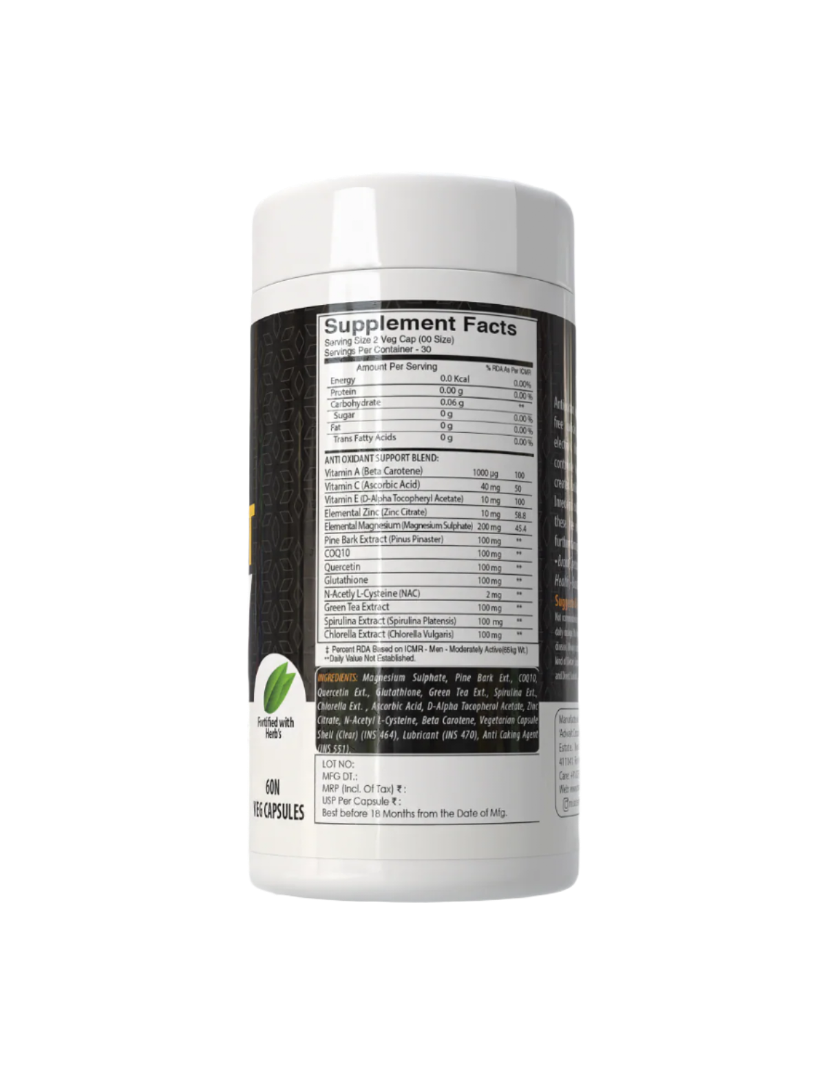 Supplement container with a detailed Left Side label on 'Anti-Oxidant Support' by Muscle Reload