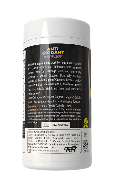 Supplement container labeled Right Side Image of 'Anti-Oxidant Support' by Muscle Reload on a transparent background