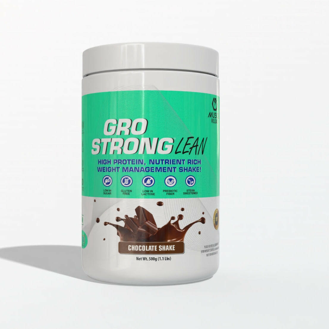 A container of Muscle Reload Gro Strong Lean protein shake in chocolate flavor, labeled as high protein, nutrient-rich, and suitable for weight management.