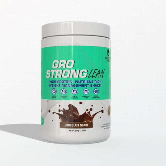 A container of Muscle Reload Gro Strong Lean protein shake in chocolate flavor, labeled as high protein, nutrient-rich, and suitable for weight management.