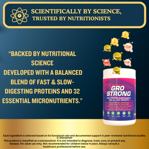 Gro Strong Protein – 45g Protein, Low Lactose, Zero Sugar, Gluten-Free with Fiber & 32 Nutrients – 500g"