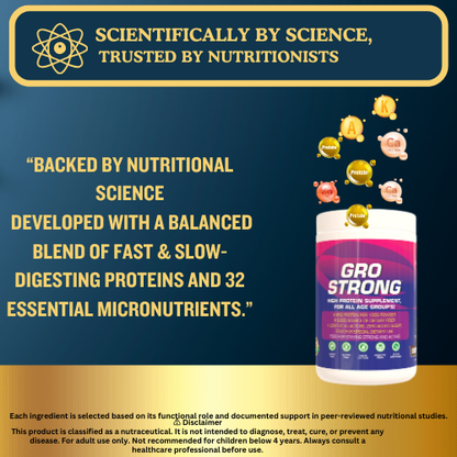 Gro Strong Protein – 45g Protein, Low Lactose, Zero Sugar, Gluten-Free with Fiber & 32 Nutrients – 500g"
