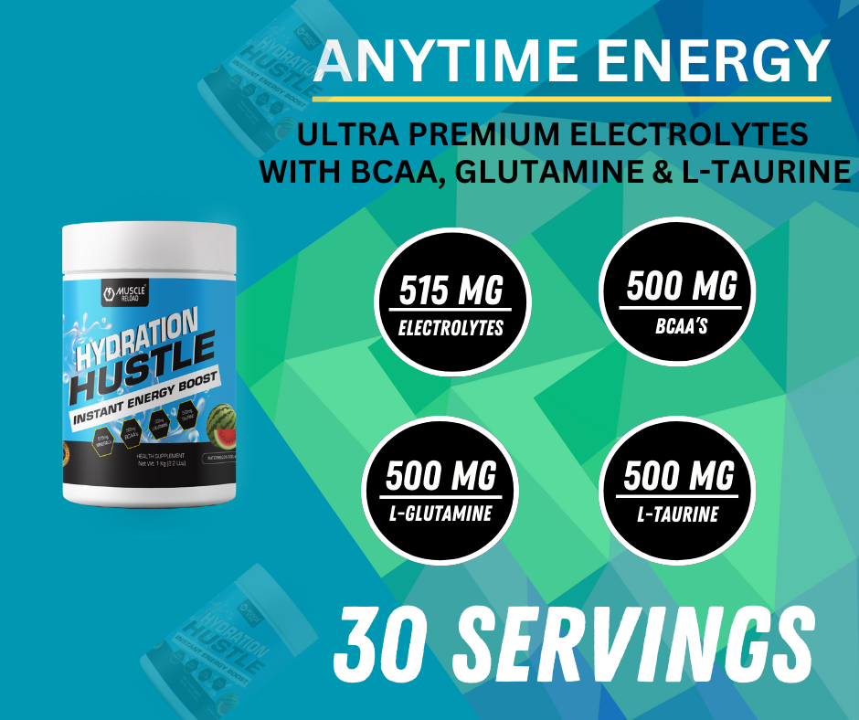 Muscle Reload Hydration Hustle Instant Energy Boost Drink 30 Servings To Boost Athletic Performance And Endurance | 515 mg Of Fast Acting Electrolytes | 500 mg Bcaa | 500 mg L-Glutamine | 500 mg L-Taurine -1kg