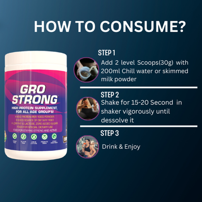 Gro Strong Protein – 45g Protein, Low Lactose, Zero Sugar, Gluten-Free with Fiber & 32 Nutrients – 500g"