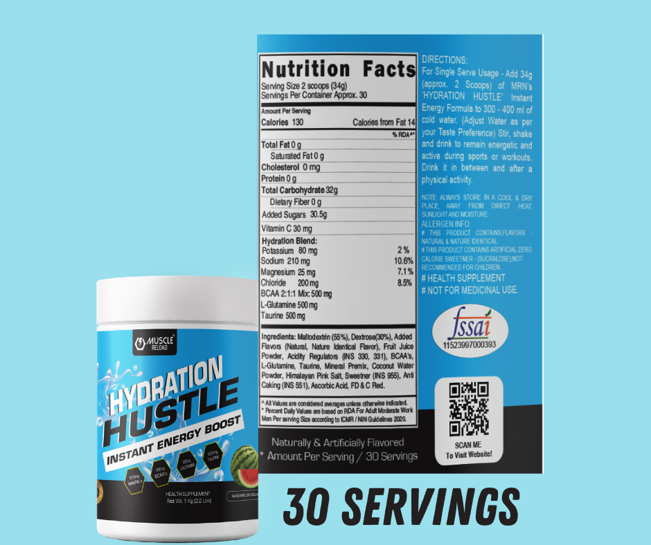 Muscle Reload Hydration Hustle Instant Energy Boost Drink 30 Servings To Boost Athletic Performance And Endurance | 515 mg Of Fast Acting Electrolytes | 500 mg Bcaa | 500 mg L-Glutamine | 500 mg L-Taurine -1kg