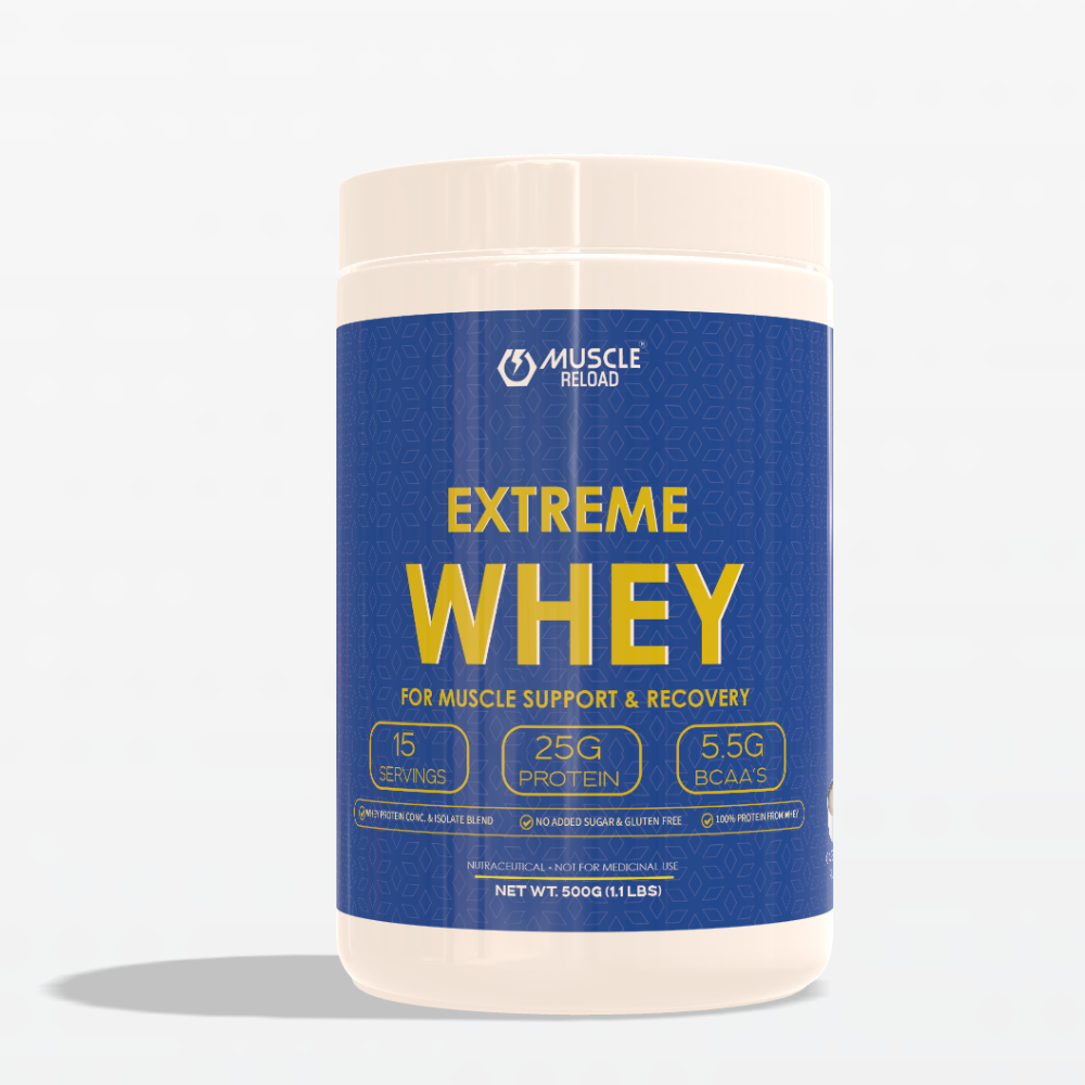 Extreme Whey 500g Coconut Candy Flavor protein powder product image by Muscle Reload, with 25g protein per serving.
