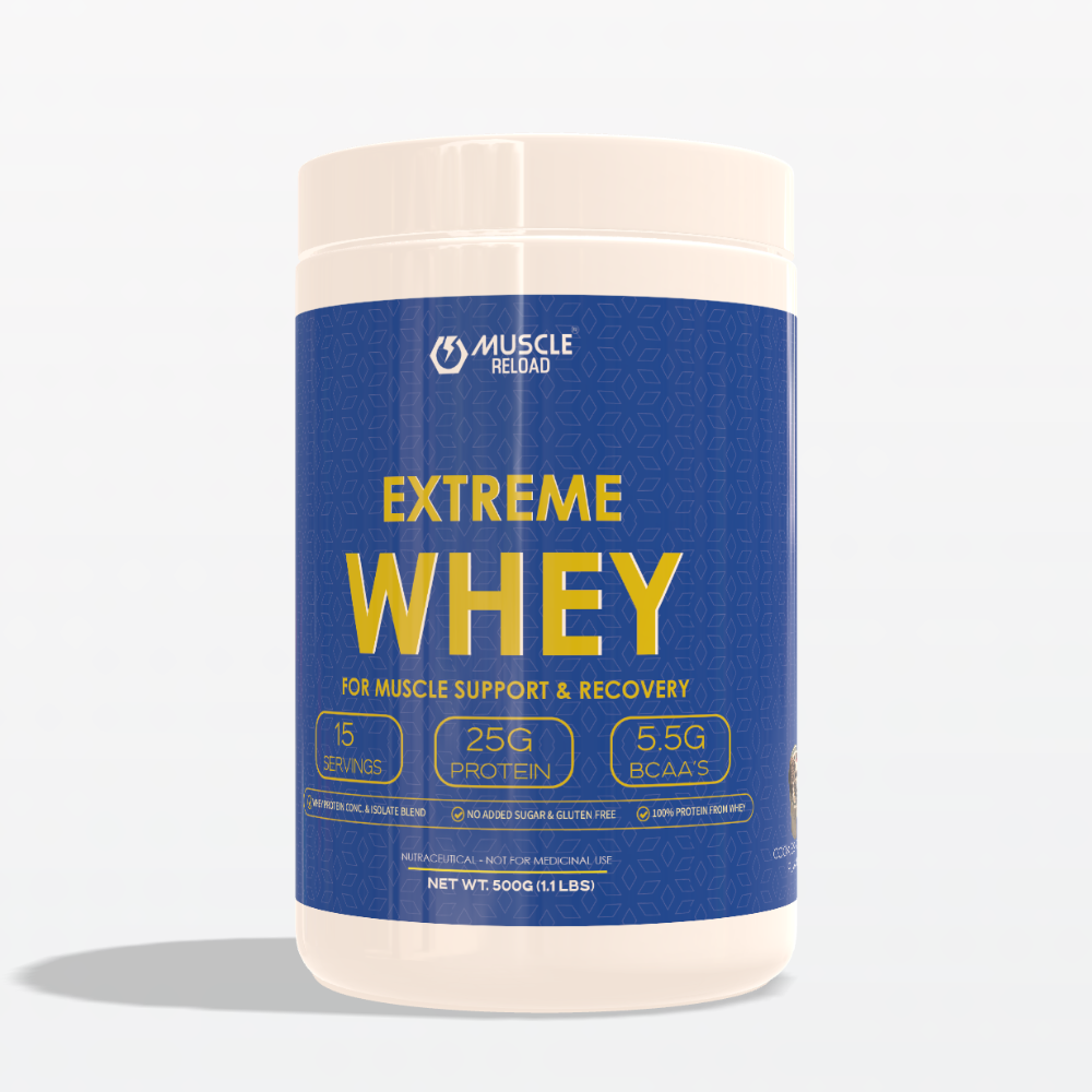 Extreme Whey 500g Cookies & Crème Flavor protein powder product jar image by Muscle Reload, with 25g protein per serving