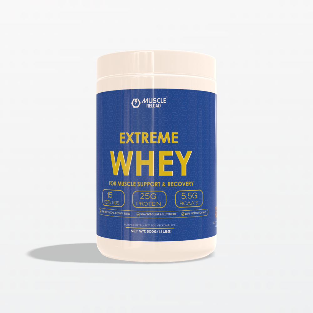 Extreme Whey 500g Milk Chocolate protein powder product image by Muscle Reload, with 25g protein per serving.
