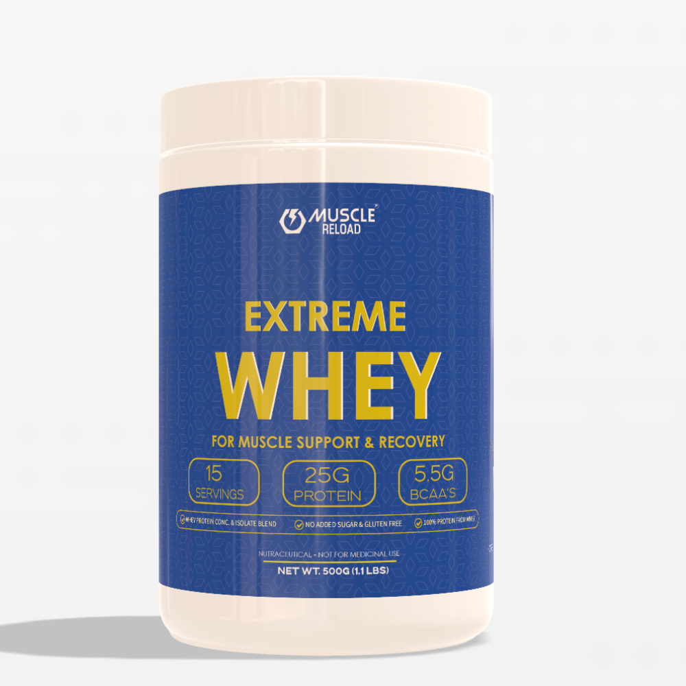 Extreme Whey 500g Creamy Vanilla Flavor protein powder product image by Muscle Reload, with 25g protein per serving.