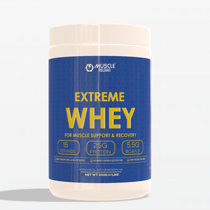 Extreme Whey 500g Creamy Vanilla Flavor protein powder product image by Muscle Reload, with 25g protein per serving.